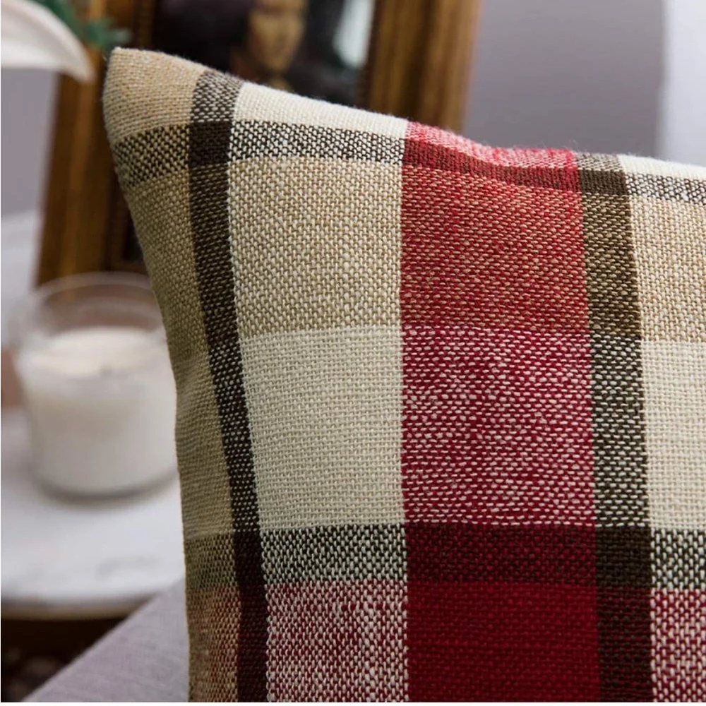 Luxury Home | Rustic Red & Beige Tartan Plaid Farmhouse Throw Pillow Covers